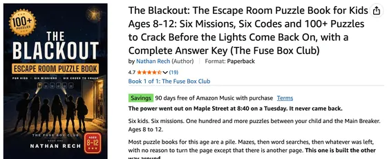 Amazon product page screenshot: The Blackout: Escape Room Puzzle Book, Ages 8–12, 4.7 stars from 19 ratings