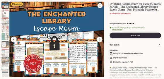 Etsy listing screenshot: The Enchanted Library Escape Room by MistyMillerResources, Bestseller