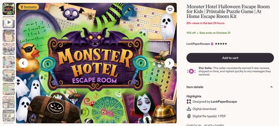Etsy listing screenshot: Monster Hotel Escape Room for Kids by LockPaperEscape, Bestseller