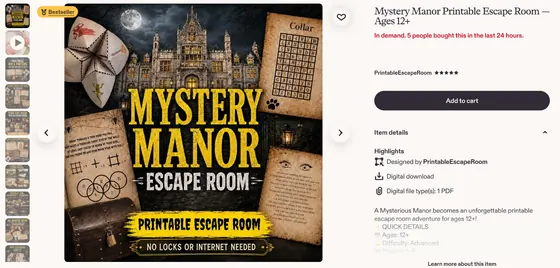 Etsy listing screenshot: Mystery Manor Printable Escape Room by PrintableEscapeRoom, Bestseller
