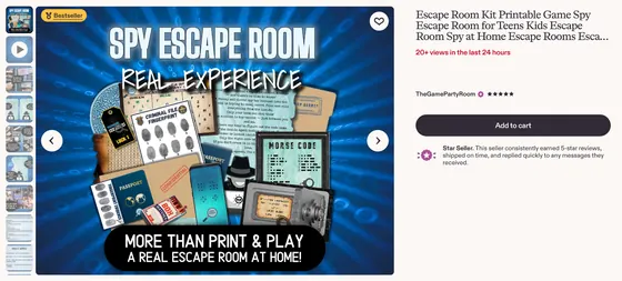 Etsy listing screenshot: Spy Escape Room Kit by TheGamePartyRoom, Bestseller