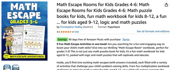 Amazon product page screenshot: Math Escape Rooms for Kids, Grades 4–6, 4.5 stars from 34 ratings