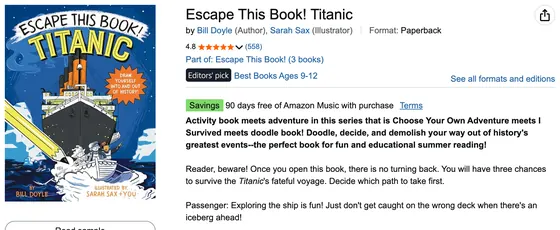 Amazon product page screenshot: Escape This Book! Titanic, 4.8 stars from 558 ratings