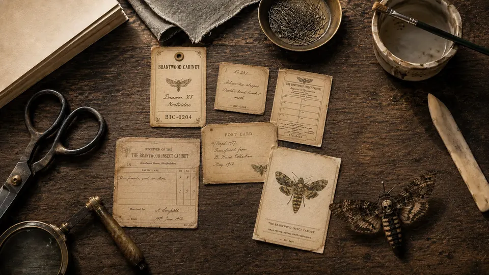 Provenance pieces on a bookbinder's table: specimen cards, labels and a moth plate