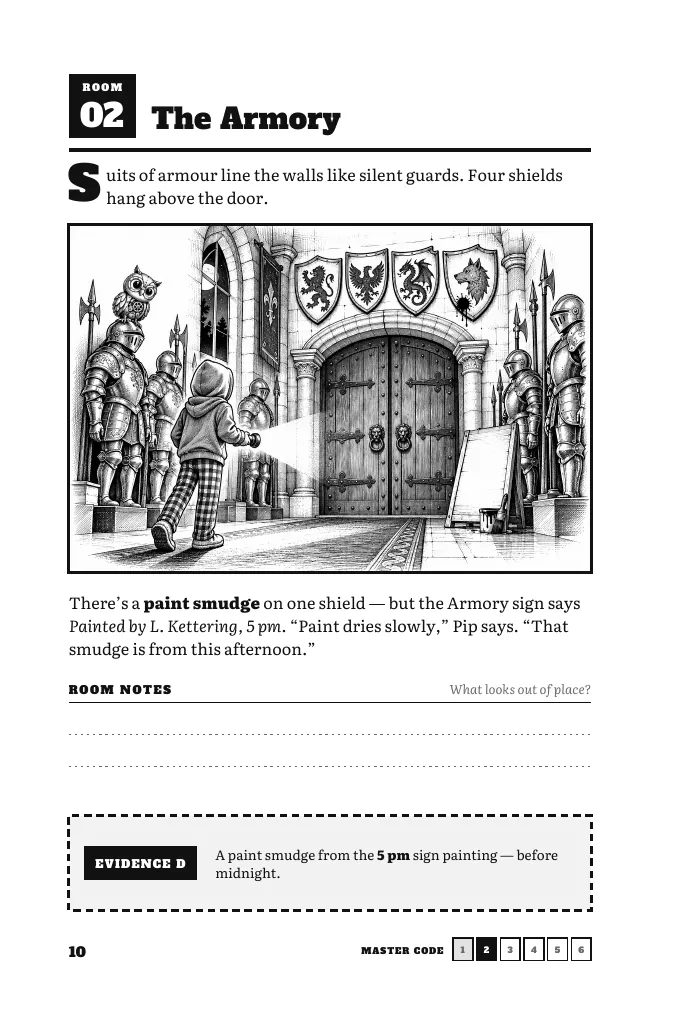 Sample B, page 10: Room 2 is the Armory