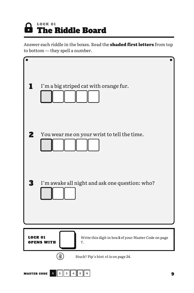 Sample B, page 9: Lock 1 is a Riddle Board