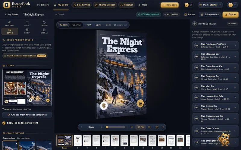 Cover tab: a 3D preview of The Night Express cover, 40 cover templates and cover pictures
