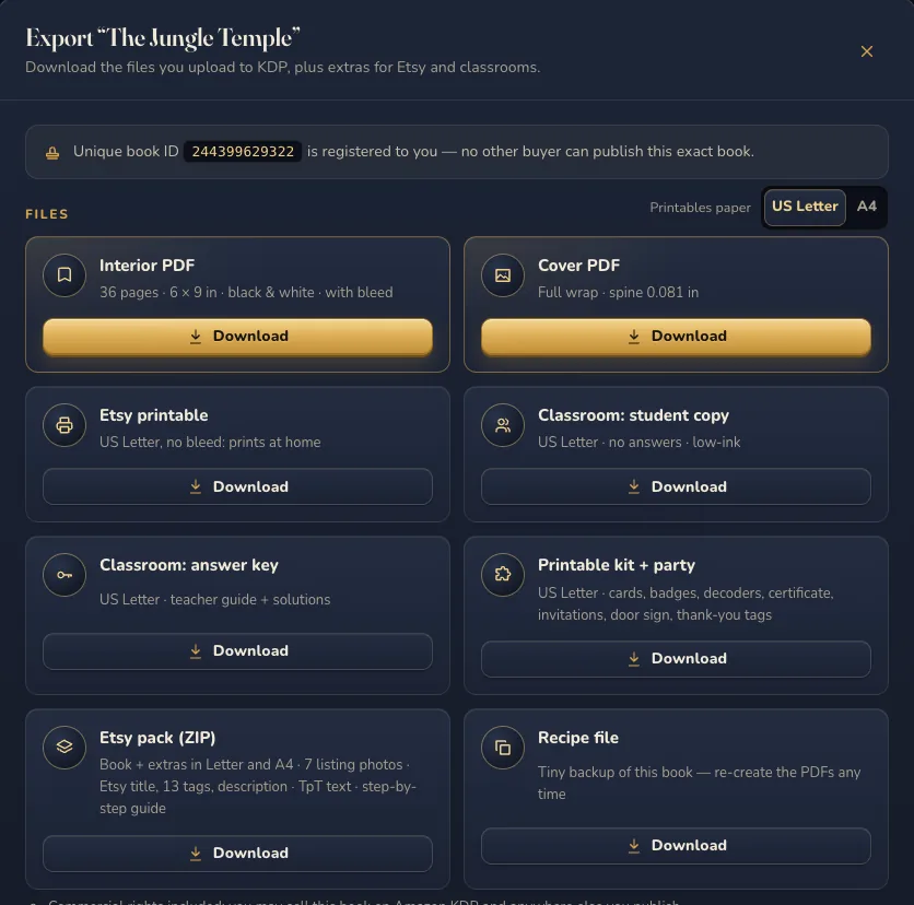 The export window with KDP, Etsy and classroom files